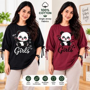 Women’s cute panda graphic pink drop shoulder casual combo pack